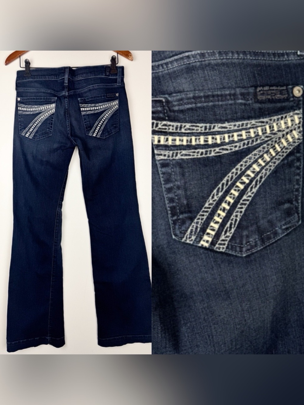 7 For All Mankind Dojo Jeans Sz 27 Dark Wash Embroidered Wide Leg Flare